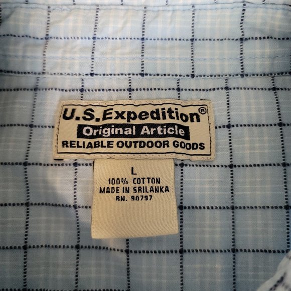 U.S. Expedition Men’s Large Size L Button Up Short Sleeve Blue White Pla… - Picture 3 of 8